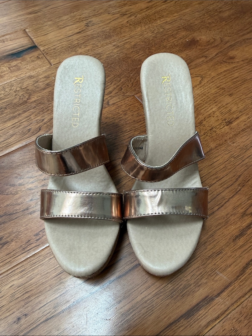 Restricted Rose Gold Metallic Slide Sandals - Women's